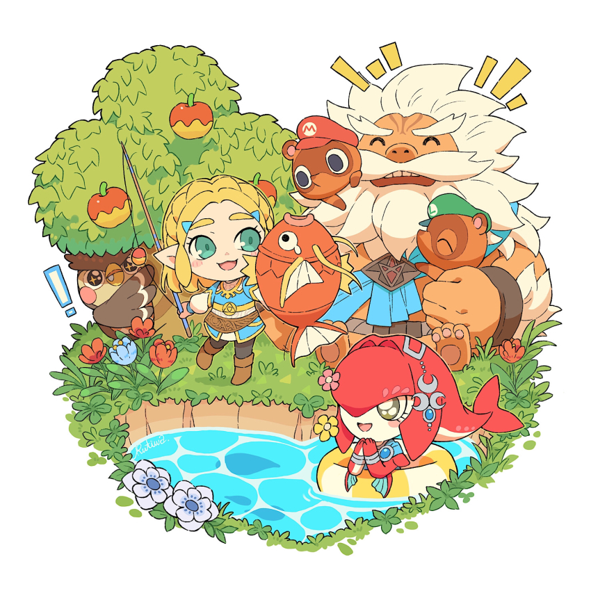 ! 2girls 4boys :3 :d ^_^ animal_crossing apple apple_tree beard black_pantyhose blathers_(animal_crossing) blonde_hair blue_flower blue_shirt blush blush_stickers boots bracelet braid brown_footwear carrying chibi closed_eyes commentary_request crown_braid daruk eyelashes facial_hair fins fish fishing_rod flower food fruit fruit_tree gen_1_pokemon goron grass green_eyes green_headwear hat head_fins highres holding holding_fishing_rod innertube jewelry long_sleeves magikarp mario_(series) mipha multiple_boys multiple_girls nintendo notice_lines open_mouth pantyhose parted_bangs pink_flower plant pointy_ears pokemon pokemon_(creature) princess_zelda red_flower red_headwear rutiwa shirt short_hair sidelocks simple_background sitting smile standing swim_ring the_legend_of_zelda the_legend_of_zelda:_breath_of_the_wild timmy_(animal_crossing) tommy_(animal_crossing) tree tunic water white_background white_hair yellow_flower zora