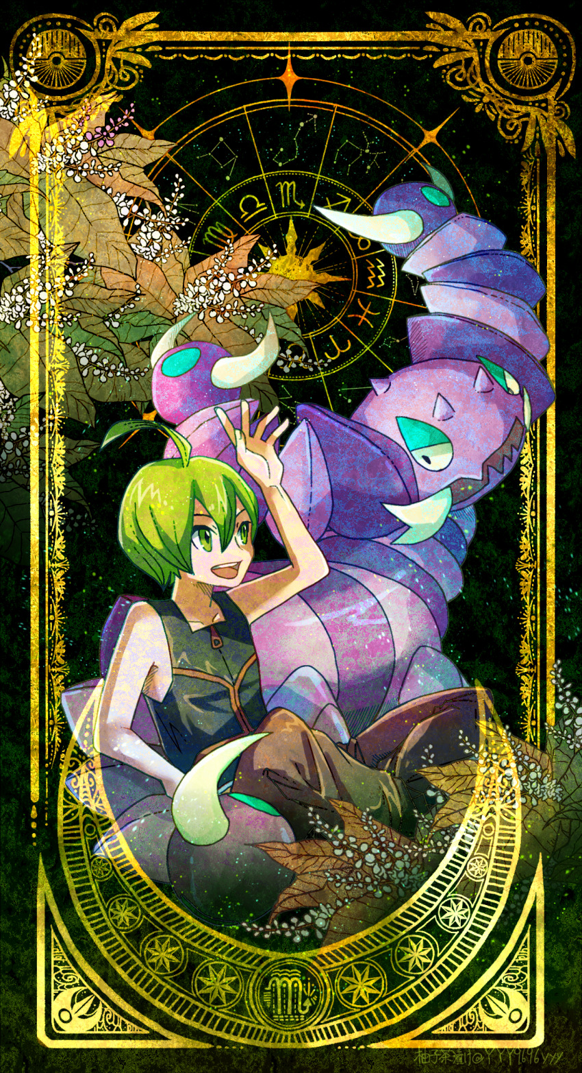 1boy aaron_(pokemon) ahoge arm_up black_shirt brown_pants commentary_request constellation creatures_(company) drapion game_freak gen_3_pokemon gen_4_pokemon green_eyes green_hair highres leaf lunatone male_focus nintendo open_mouth pants poke_ball_symbol pokemon pokemon_(creature) pokemon_dppt shirt short_hair sky sleeveless sleeveless_shirt smile star_(sky) starry_sky teeth upper_teeth_only yyy9696yyy zodiac