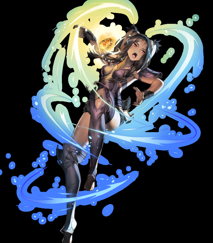 1girl animal_ears armor barefoot braid brown_hair chyko dark-skinned_female dark_skin facial_mark feet female_focus fire_emblem fire_emblem_awakening fire_emblem_heroes full_body glowing highres long_hair nintendo official_art panne_(fire_emblem) parted_bangs pouch rabbit_ears rabbit_girl rabbit_tail red_eyes solo taguel tail toeless_legwear toes transparent_background twin_braids