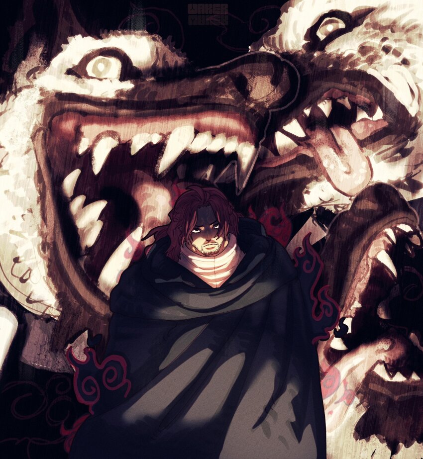 1boy beard_stubble black_cape cape cerberus dog facial_hair figarland_shamrock frown highres living_weapon long_hair looking_at_viewer male_focus monster mustache_stubble one_piece open_mouth red_hair shaded_face sharp_teeth stubble taku_(aywakutakuay) teeth tongue tongue_out