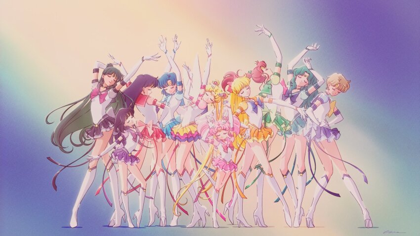 6+girls aino_minako arm_up arms_up bishoujo_senshi_sailor_moon bishoujo_senshi_sailor_moon_stars bishoujo_senshi_sailor_moon_supers black_hair black_sailor_collar black_skirt blonde_hair blue_bow blue_bowtie blue_hair blue_sailor_collar blue_skirt blunt_bangs boots bow bowtie chibi_usa circlet closed_eyes commentary derivative_work elbow_gloves english_commentary eternal_sailor_moon floating_hair full_body gloves green_hair green_sailor_collar green_skirt hair_bobbles hair_bow hair_intakes hair_ornament hand_on_own_hip hands_on_own_hips head_tilt high_heel_boots high_heels highres hino_rei kaiou_michiru kino_makoto knee_boots layered_skirt leotard long_hair meiou_setsuna miniskirt mizuno_ami multicolored_skirt multiple_girls orange_skirt outstretched_arms pink_bow pink_bowtie pink_hair pink_sailor_collar pink_skirt pleated_skirt ponytail purple_bow purple_bowtie purple_sailor_collar purple_skirt rashiku_ikimasho_(song) red_bow red_bowtie red_hair red_sailor_collar red_skirt sailor_chibi_moon sailor_collar sailor_jupiter sailor_mars sailor_mercury sailor_moon sailor_neptune sailor_pluto sailor_saturn sailor_senshi sailor_senshi_uniform sailor_uranus sailor_venus screenshot_redraw short_hair sidney_deng skirt standing super_sailor_chibi_moon_(stars) super_sailor_jupiter_(stars) super_sailor_mars_(stars) super_sailor_mercury_(stars) super_sailor_neptune_(stars) super_sailor_pluto_(stars) super_sailor_saturn_(stars) super_sailor_uranus_(stars) super_sailor_venus_(stars) takahashi_akira_(style) ten&#039;ou_haruka tomoe_hotaru tsukino_usagi twintails very_long_hair white_footwear white_gloves white_leotard yellow_bow yellow_bowtie yellow_sailor_collar