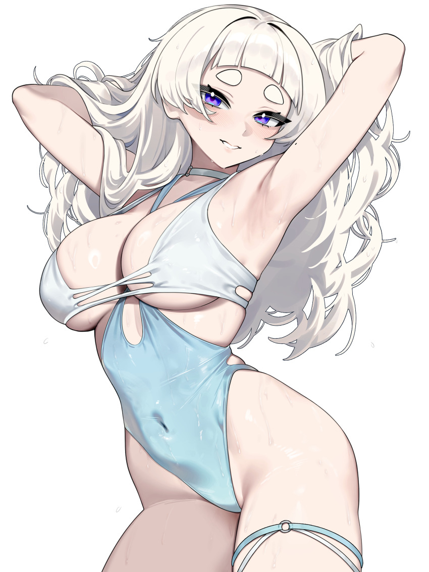 1girl absurdres armpits arms_behind_head bikini blue_eyes blue_one-piece_swimsuit blunt_bangs blush breasts cleavage commentary covered_navel cowboy_shot highleg highleg_one-piece_swimsuit highres large_breasts long_hair looking_at_viewer meg_(wakamepiza) mole mole_on_arm o-ring o-ring_thigh_strap one-piece_swimsuit original short_eyebrows simple_background skindentation smile solo swimsuit symbol-only_commentary thick_eyebrows thigh_strap wakamepiza wet white_background white_bikini white_hair