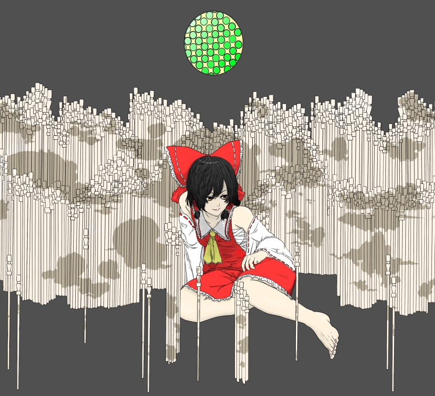 ascot back_hair bare_shoulders bow chest_sarashi cloud_print detached_sleeves frilled_bow frilled_hair_tubes frilled_skirt frills grey_background hair_tubes hakurei_reimu hand_on_own_leg highres looking_to_the_side no_shoes nontraditional_miko rannsama_(pa) red_bow red_skirt ribbon-trimmed_sleeves ribbon_trim sarashi single_bare_foot sitting skirt skirt_set smile touhou yellow_ascot yellow_eyes