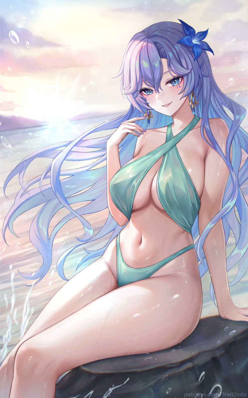 1girl aqua_bikini bare_shoulders bikini blue_eyes blue_flower breasts cantarella_(wuthering_waves) collarbone commentary criss-cross_straps earrings english_commentary facial_mark feet_out_of_frame flower hair_between_eyes hair_flower hair_ornament hand_up highres jewelry large_breasts long_hair looking_at_viewer mark_under_eye nail_polish narijade navel on_rock outdoors parted_lips patreon_username purple_hair purple_nails sitting smile solo stomach swimsuit very_long_hair wet wind wuthering_waves