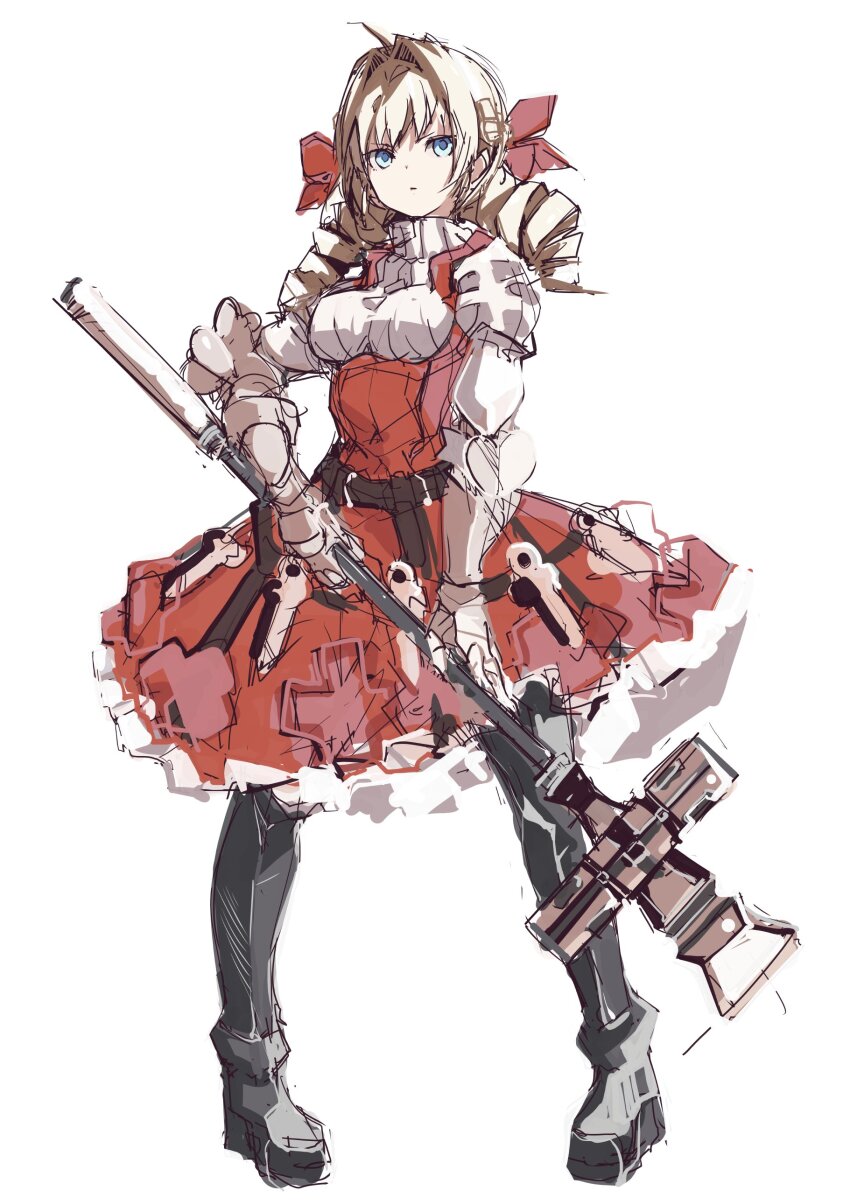 1girl absurdres ahoge blonde_hair blue_eyes boots breasts closed_mouth commentary_request dot_mouth dress drill_hair expressionless full_body gauntlets hair_intakes hair_ribbon highres holding holding_weapon legs_apart long_hair looking_afar medium_breasts red_dress red_ribbon ribbon scarlett_(unicorn_overlord) sketch solo standing twin_drills unicorn_overlord weapon white_background yoto_(rinlin2)