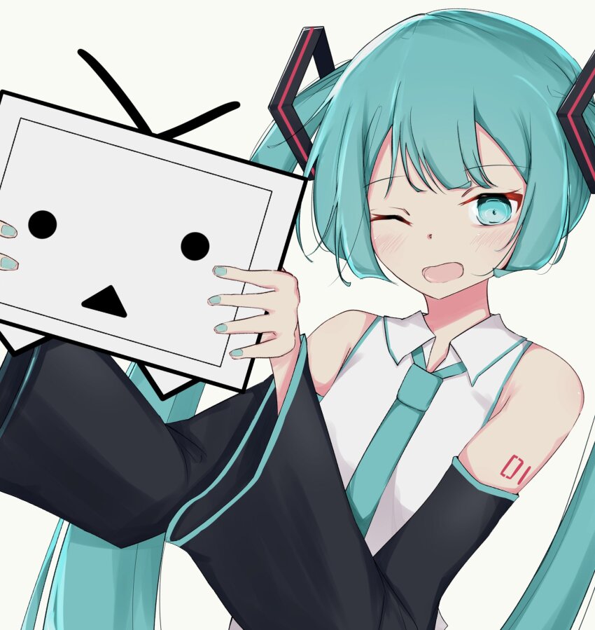 1girl black_sleeves blue_eyes blue_hair blue_nails blue_necktie blush collared_shirt commentary_request detached_sleeves fingernails hatsune_miku highres long_hair long_sleeves looking_at_viewer necktie niconico number_tattoo one_eye_closed open_mouth shirt shoulder_tattoo simple_background sleeveless sleeveless_shirt smile solo tattoo terebi-chan twintails upper_body very_long_hair vocaloid white_background white_shirt zenjimaru
