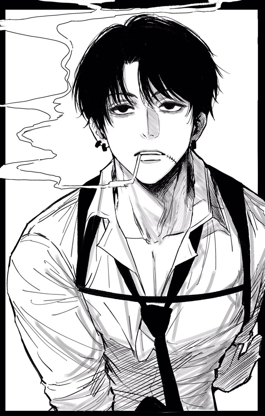 1boy black_eyes black_hair black_necktie bored chainsaw_man chest_harness collarbone collared_shirt ear_piercing expressionless greyscale harness highres kishibe_(young)_(chainsaw_man) leaning_forward looking_up loose_clothes loose_shirt male_focus monochrome necktie parted_bangs parted_lips pectoral_cleavage pectorals piercing sanpaku shirt short_hair simple_background smoke smoking solo sso_s stitched_face stitches teeth upper_body upper_teeth_only white_shirt