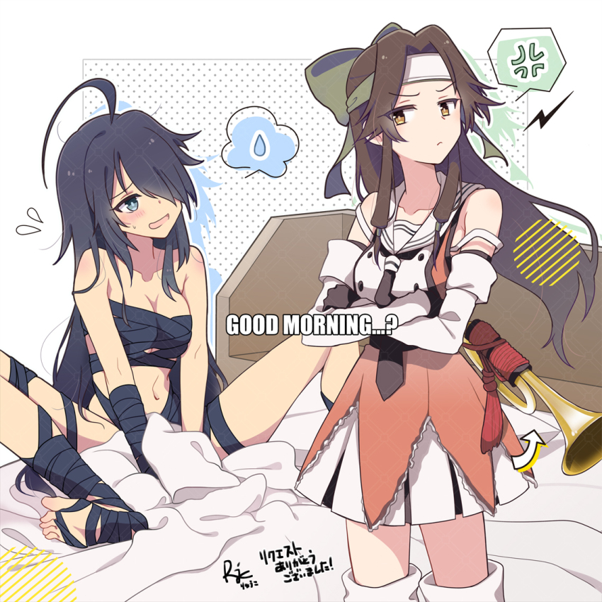 2girls ahoge anger_vein bandages bed brown_eyes brown_hair buttons cowboy_shot crossdressing crossed_arms double-breasted elbow_gloves forehead_protector gloves green_eyes green_headband hair_intakes hair_over_one_eye half_updo headband jintsuu_(kancolle) jintsuu_kai_ni_(kancolle) kako_(kancolle) kantai_collection long_hair multiple_girls navel pleated_skirt r-king sailor_collar sarashi school_uniform serafuku shirt skirt sleeveless sleeveless_shirt spoken_anger_vein white_gloves white_sailor_collar