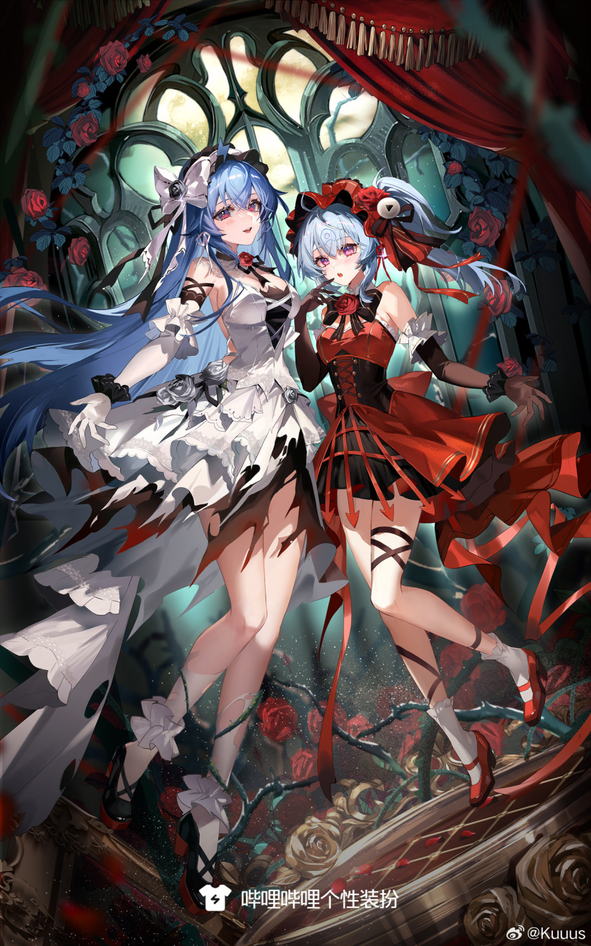 2girls ankle_socks bare_shoulders bili_girl_22 bili_girl_33 bilibili black_bow black_bowtie black_corset black_flower black_footwear black_gloves black_hairband black_ribbon black_rose black_skirt black_wrist_cuffs blue_hair bow bowtie chinese_commentary chinese_text commentary_request corset cross-laced_footwear curtains day dress elbow_gloves eyelashes floating flower flower_brooch frilled_anklet frilled_armlet frilled_dress frilled_hairband frilled_skirt frilled_socks frills full_body gloves gold_robe hair_between_eyes hair_bow hair_flower hair_ornament hair_ribbon hairband hand_on_own_chin highres indoors kuuus leg_ribbon light_particles long_dress long_hair looking_at_viewer mary_janes miniskirt multiple_girls pink_eyes plant red_bow red_dress red_flower red_footwear red_hairband red_rose ribbon rose shoes sidelocks skirt skirt_under_dress socks strapless strapless_dress striped_bow thigh_ribbon thigh_strap thorns torn_clothes torn_dress torn_socks translation_request twintails very_long_hair vines watermark weibo_watermark white_bow white_dress white_gloves white_socks window wrist_cuffs