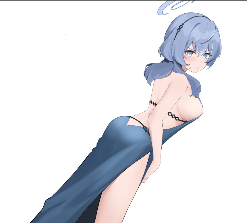 1girl absurdres ako_(blue_archive) ako_(dress)_(blue_archive) back backless_dress backless_outfit black_hairband blue_archive blue_dress blue_eyes blue_hair blue_halo blush breasts commentary dress dutch_angle hair_between_eyes hairband halo highres looking_at_viewer medium_hair shin_121 sideboob simple_background solo sweatdrop white_background