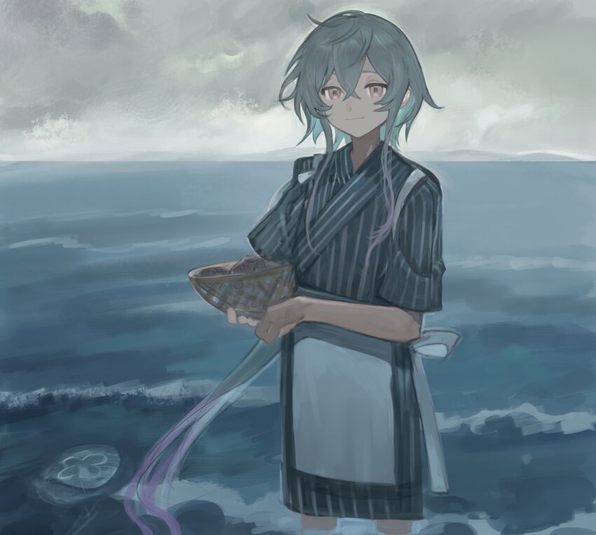 1boy apron arknights basket blue_hair blue_theme cloud cloudy_sky hands_up highres holding holding_basket japanese_clothes jellyfish looking_at_viewer male_focus mizuki_(arknights) muted_color ocean pink_eyes ribbon short_hair_with_long_locks sky smile solo trap wading waist_apron waves yomotobi