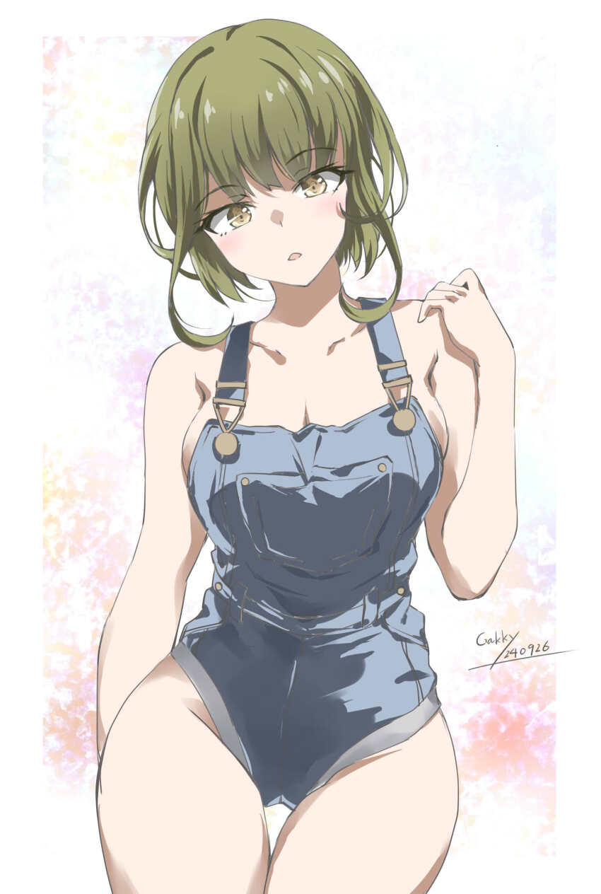 1girl alternate_breast_size alternate_costume breasts cleavage collarbone denim gakky green_hair highres kantai_collection looking_at_viewer naked_overalls one-hour_drawing_challenge overalls short_hair short_hair_with_long_locks solo takanami_(kancolle) thigh_gap yellow_eyes