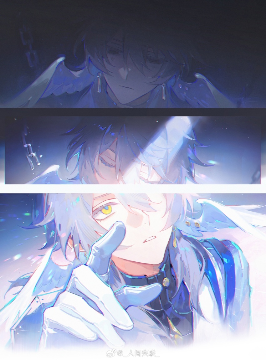 1boy angel_wings black_shirt blue_jacket closed_eyes closed_mouth collared_shirt colored_eyelashes earrings empty_eyes expressionless feathered_wings gloves gold_earrings grey_hair hair_between_eyes half-closed_eyes head_wings high_collar highres honkai:_star_rail honkai_(series) jacket jewelry light_particles light_rays long_sleeves male_focus outstretched_hand parted_lips reaching renjian_shilian sequential shirt short_hair_with_long_locks sidelocks sunday_(honkai:_star_rail) teeth upper_body vest white_gloves white_vest white_wings wings yellow_eyes