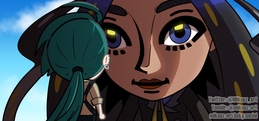 2girls black_hair blue_eyes closed_mouth cloud commentary day did_you_want_to_talk?_(meme) earrings game_freak geeta_(pokemon) giant giantess green_hair highres jewelry long_hair meme mikuoz-art multiple_girls nintendo outdoors pokemon pokemon_sv ponytail rika_(pokemon) shirt sky sleeves_rolled_up smile suspenders tomodachi_life tomodachi_life:_living_the_dream tumblr_username twitter_username watermark