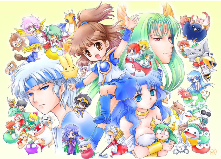6+boys 6+girls :d arle_nadja bird blue_eyes blue_footwear blue_hair blush boots breasts brooch brown_eyes brown_hair carbuncle_(puyopuyo) cat character_request choker choppun cleavage compile creature draco_centauros elephant everyone fish gem green_hair half_updo harpy_(puyopuyo) headband high_ponytail honey_bee_(puyopuyo) hortense_(sound_horizon) incubus_(puyopuyo) jewelry kikimora_(monster_monster) kikimora_(puyopuyo) kurohamu lagnus_the_brave long_hair looking_at_viewer madou_monogatari minotaur_(puyopuyo) multiple_boys multiple_girls nasu_grave o_o open_mouth ponytail puyo_(puyopuyo) puyopuyo red_eyes rulue_(puyopuyo) satan_(puyopuyo) schezo_wegey serilly_(puyopuyo) short_hair simple_background skirt smile strapless suketoudara_(puyopuyo) upper_body white_hair witch_(puyopuyo) yellow_background zo-daimaoh zoh_daimaoh