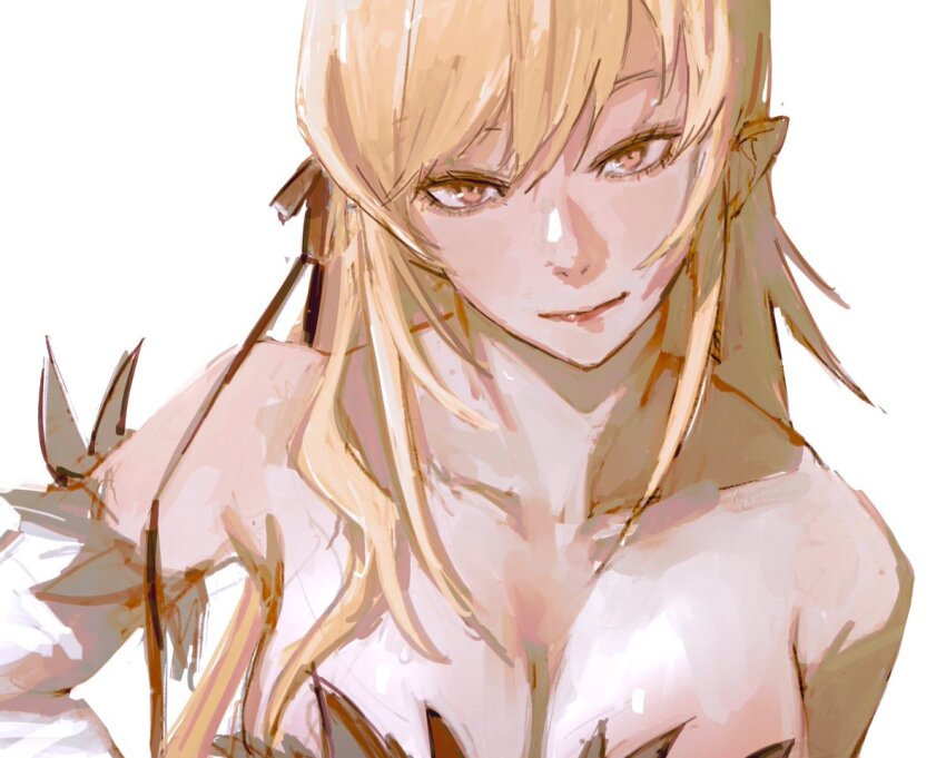 1girl bad_id bad_twitter_id bare_shoulders blonde_hair breasts detached_sleeves dress feather-trimmed_dress from_side fur-trimmed_sleeves fur_trim hair_between_eyes kiss-shot_acerola-orion_heart-under-blade large_breasts long_hair looking_at_viewer monogatari_(series) oshino_shinobu pointy_ears red_lips sidelocks simple_background solo strapless strapless_dress taki_(a313131333) turning_head upper_body vampire white_background