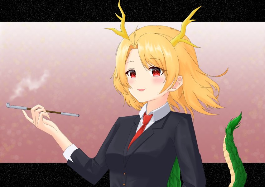 1girl antlers blonde_hair dragon_tail formal_clothes highres horns kicchou_yachie okina_0202 red_eyes red_tie smoking_pipe suit tail touhou
