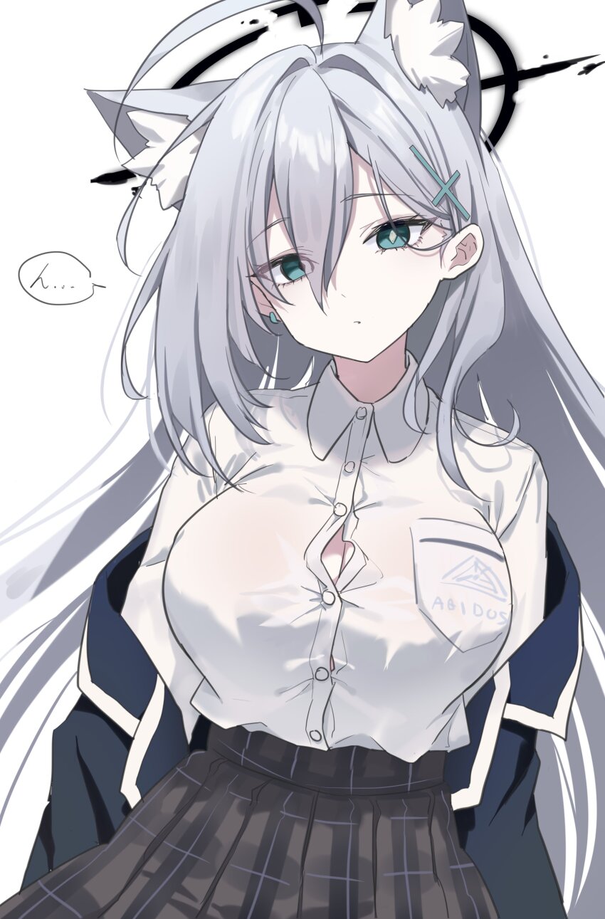 1girl absurdres ahoge animal_ear_fluff animal_ears bad_id bad_twitter_id black_jacket black_skirt blue_archive breast_pocket breasts buttons cleavage collared_shirt cross_hair_ornament ear_piercing goyain green_eyes grey_hair hair_between_eyes hair_ornament halo highres jacket large_breasts long_hair long_sleeves mismatched_pupils off_shoulder piercing pocket shiroko_(blue_archive) shiroko_terror_(blue_archive) shirt shirt_tucked_in skirt solo speech_bubble white_background white_shirt wolf_ears