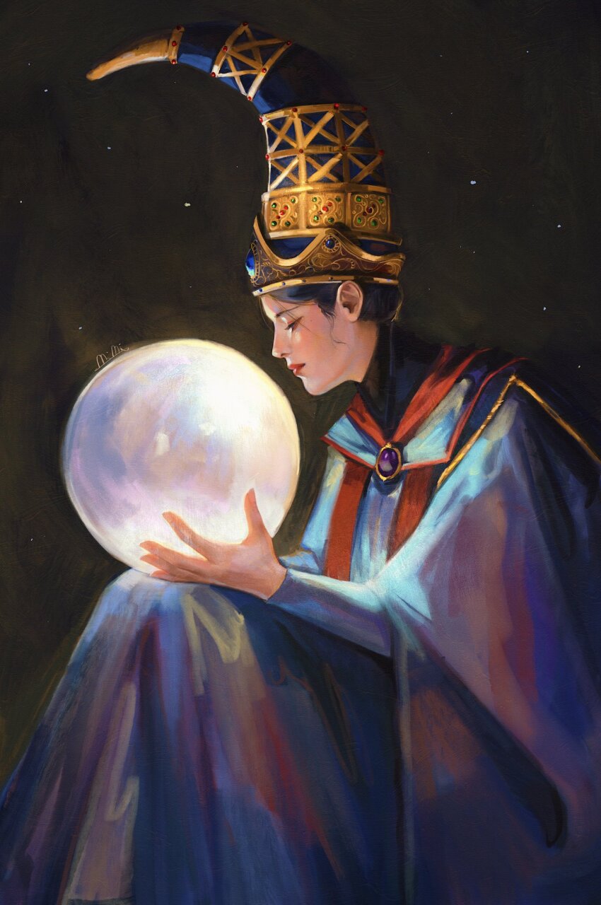 1girl black_hair blue_robe commentary conical_hat elden_ring english_commentary from_side full_moon highres holding_moon jeweled_hat long_sleeves mature_female mimimaru moon pointy_hat profile rennala_queen_of_the_full_moon robe signature solo tall_hat