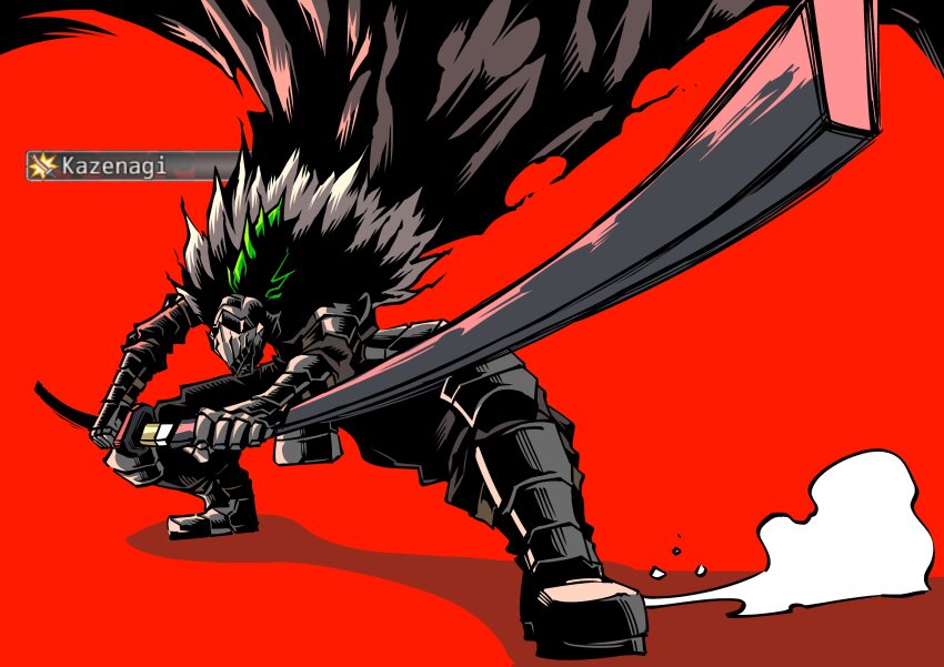 1boy absurdres armor armored_boots black_souls boots cape full_body fur_cape gauntlets grey_cape grimm_(black_souls) haho hashtag-only_commentary helmet highres katana male_focus pauldrons red_background sheath shoulder_armor simple_background smoke solo sword unsheathing weapon