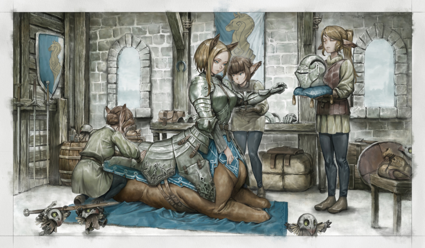 3others 4girls absurdres animal_ears armor backpack bag barrel belt black_leggings blonde_hair blouse blue_eyes boobplate breastplate breasts brick_wall brown_footwear brown_hair carpet carrying_overhead centaur closed_eyes closed_mouth commentary couter creature dressing_another drum_(container) fantasy full_armor full_body gauntlets grey_shirt hair_bun hand_up helmet highres holding holding_pillow horse_ears indoors knight leather_vest leggings long_bangs long_hair long_sleeves looking_at_another looking_to_the_side medium_breasts mole mole_under_eye monster_girl multiple_girls multiple_legs multiple_others original parted_bangs pillow plate_armor pointy_ears ponytail pouch shadow sheath shield shirt shoes short_hair short_hair_with_long_locks shoulder_armor sidelocks single_gauntlet single_hair_bun sitting squatting standing sword table taur tianzhong_zhongtian unworn_backpack unworn_bag unworn_headwear unworn_helmet weapon weapon_rack window yokozuwari