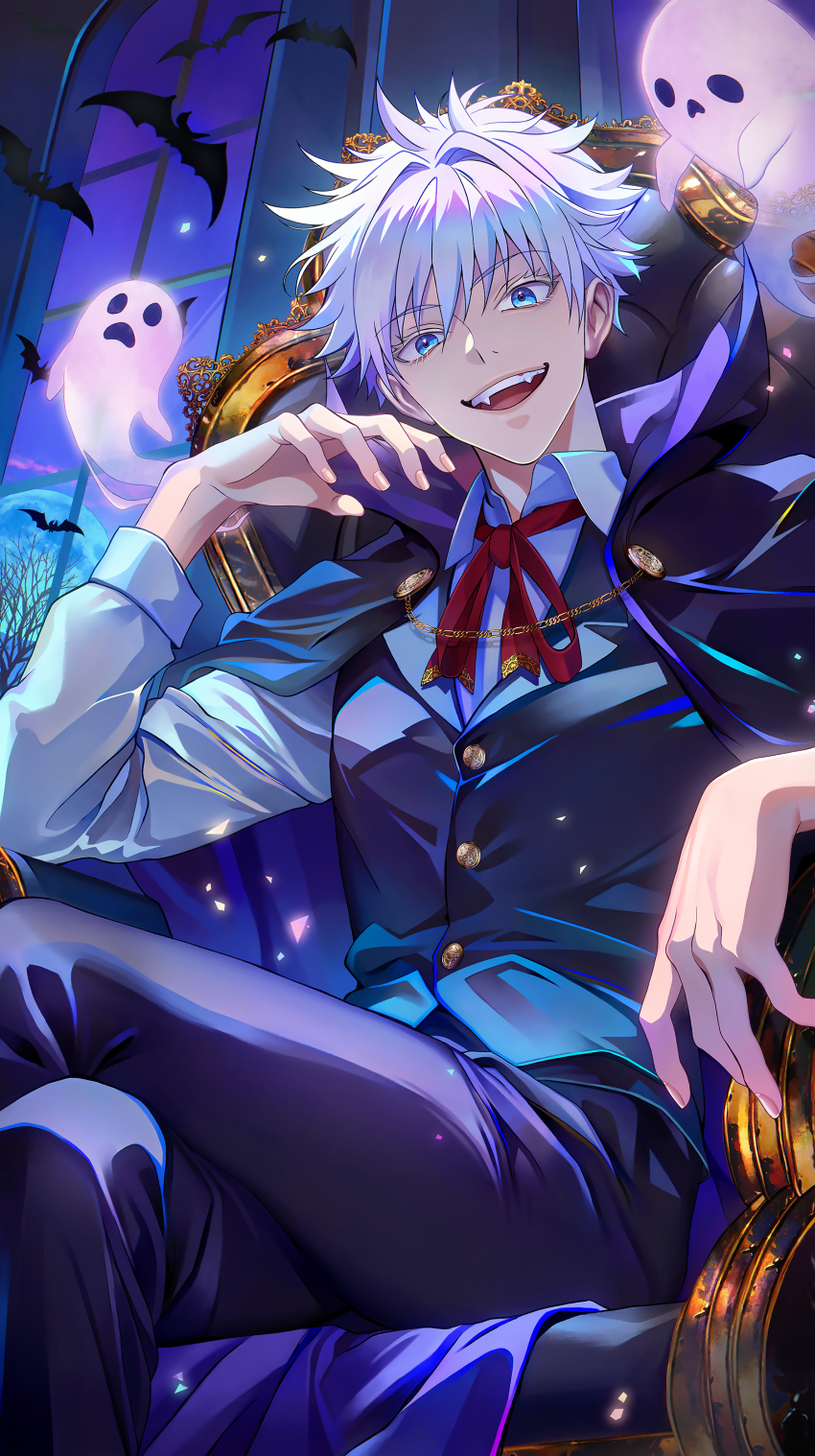 1boy absurdres arm_rest bat_(animal) black_pants black_vest blue_eyes blue_moon buttons cape crossed_legs fangs from_below ghost gojou_satoru halloween highres jujutsu_kaisen long_sleeves looking_at_viewer male_focus moon mystical_high_collar neckerchief on_chair pants red_neckerchief shibakawaiiii shirt short_hair sitting solo vampire_costume vest white_hair white_shirt window wing_collar