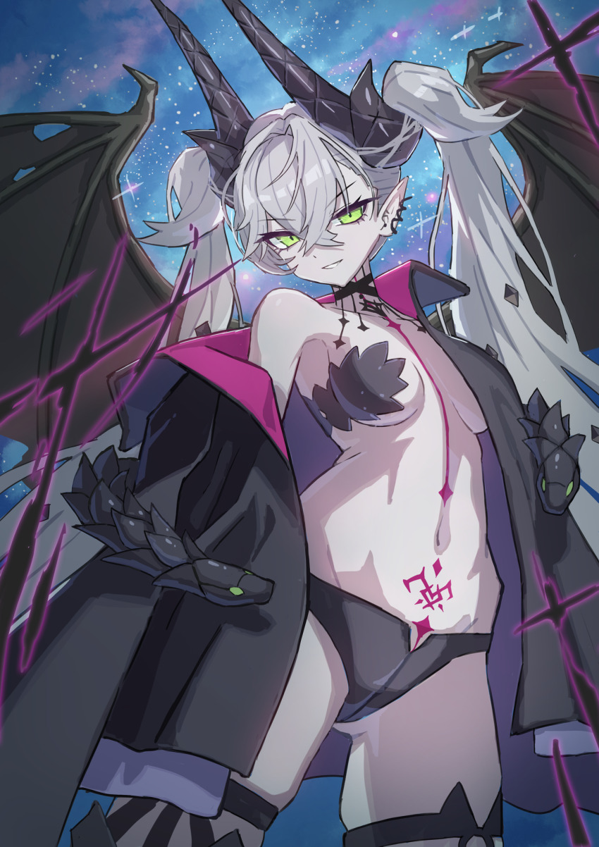 1girl black_jacket black_panties breasts demon_wings fate/grand_order fate_(series) green_eyes highres horns jacket lilith_(fate) lilith_(second_ascension)_(fate) long_hair medium_breasts moda_sansy0 navel panties pointy_ears pubic_tattoo smile solo tattoo twintails underwear white_hair wings