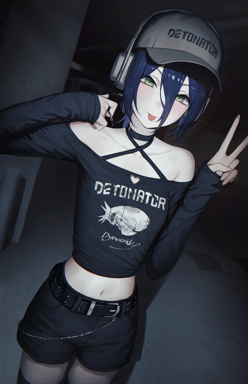 1girl bare_shoulders baseball_cap belt black_belt black_choker black_shirt black_shorts blue_hair breasts chainsaw_man choker collarbone green_eyes hair_between_eyes hat headphones highres long_sleeves midriff navel reze_(chainsaw_man) shirt shorts small_breasts solo suumon tongue tongue_out v