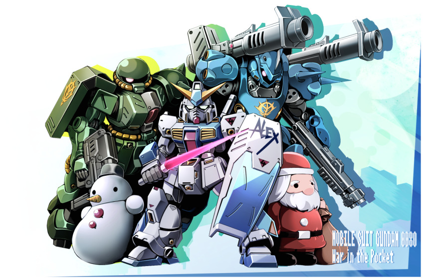 assault_rifle beam_rifle character_name chibi christmas christmas_ornaments commentary_request energy_gun gun gundam gundam_0080 gundam_alex gunpla highres kampfer_(mobile_suit) looking_at_viewer machiner_gun machinery mecha mecha_focus mobile_suit model_kit one-eyed rifle santa_claus shield shotgun shoulder_cannon sibelurabbi snowman toy v-fin weapon zaku_ii_fz_kai