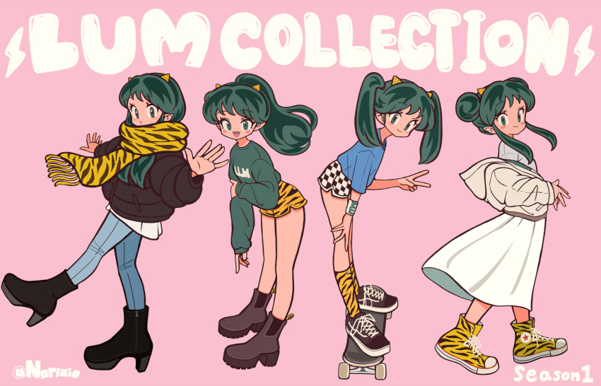 4girls alternate_costume alternate_hairstyle animal_print artist_name balancing black_coat black_footwear block_heels blue_shirt blush_stickers boots character_name checkered_clothes checkered_shorts circle_skirt coat cone_horns converse denim dolphin_shorts double_bun fashion green_eyes green_hair green_sweater grey_shirt hair_bun hand_on_own_knee high_heel_boots high_heels holding_own_arm horns jeans leaning_back leaning_forward light_blush lightning_bolt_symbol long_hair long_sleeves looking_at_viewer lum medium_skirt multiple_girls multiple_views norixio open_mouth outstretched_arms own_hands_together pants pink_background pointing pointing_down ponytail print_boots print_footwear print_scarf print_shorts print_socks scarf shirt shoes short_sleeves shorts skateboard skirt small_horns smile sneakers socks standing standing_on_object standing_on_one_leg striped_horns sweater t-shirt tiger_print twintails urusei_yatsura v walking white_shirt white_skirt winter_clothes winter_coat yellow_horns yellow_scarf yellow_shoes yellow_shorts yellow_socks zipper_footwear