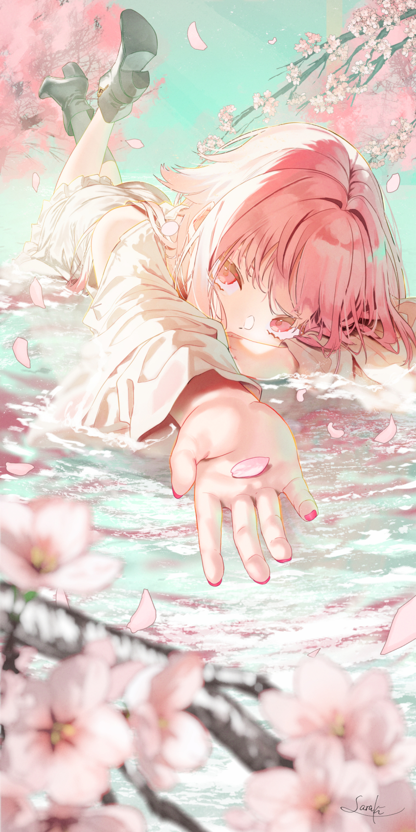 1girl absurdres black_boots boots branch cherry_blossoms dress feet_up foreshortening full_body high_heel_boots high_heels highres long_hair looking_at_viewer lying on_stomach original outstretched_arm petals pink_eyes pink_hair pink_nails saraki solo spring_(season) water white_dress