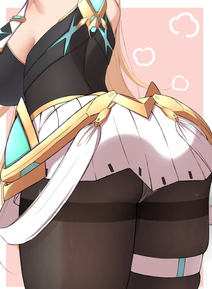 1girl absurdres arched_back arms_up ass ass_focus bare_shoulders black_pantyhose blonde_hair breasts dress highres large_breasts long_hair lower_body microdress mikan_(mika_n95) mythra_(massive_melee)_(xenoblade) mythra_(xenoblade) neon_trim pantyhose pleated_dress solo suspenders thigh_strap very_long_hair white_dress xenoblade_chronicles_(series) xenoblade_chronicles_2