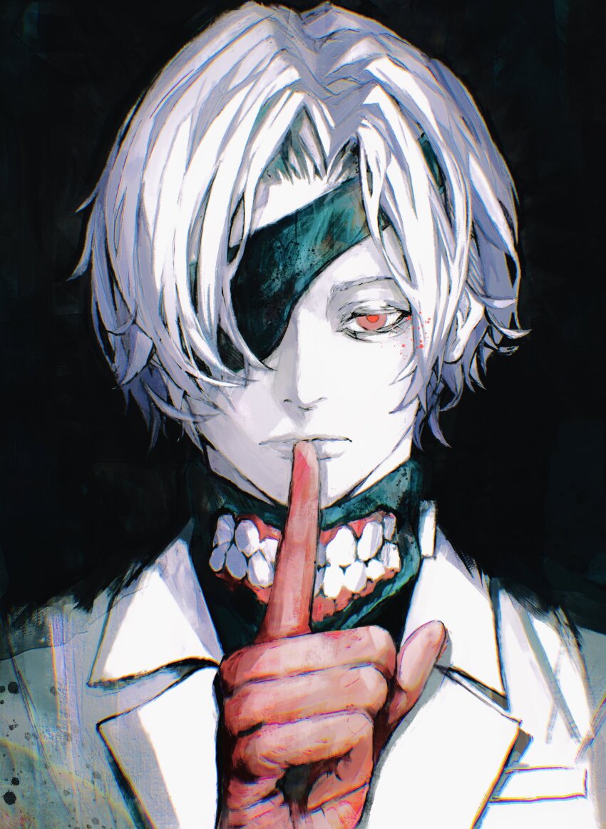 1boy absurdres black_background close-up closed_mouth eyepatch formal_clothes gloves hand_up highres index_finger_raised kaneki_ken looking_at_viewer male_focus mask mouth_mask pale_skin red_eyes red_gloves short_hair solo suit teeth_print tokyo_ghoul tokyo_ghoul:re white_hair white_suit xa8uofivf2mcart