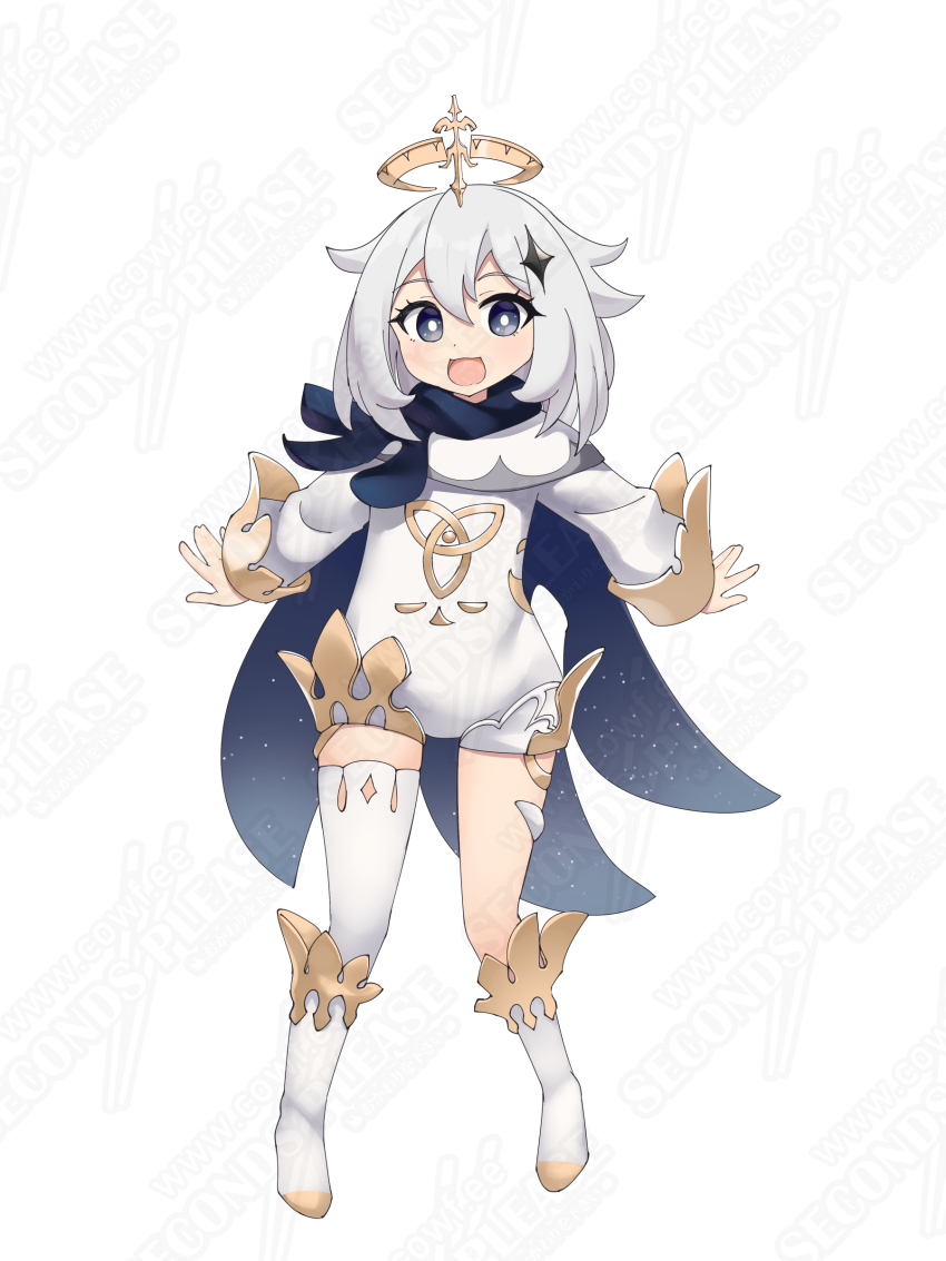 1girl :d absurdres blue_cape blue_eyes boots cape commentary cowfee english_commentary full_body genshin_impact hair_between_eyes halo highres long_legs looking_at_viewer open_mouth paimon_(genshin_impact) simple_background single_thighhigh smile solo thighhighs thighhighs_under_boots white_background white_boots white_hair white_thighhighs