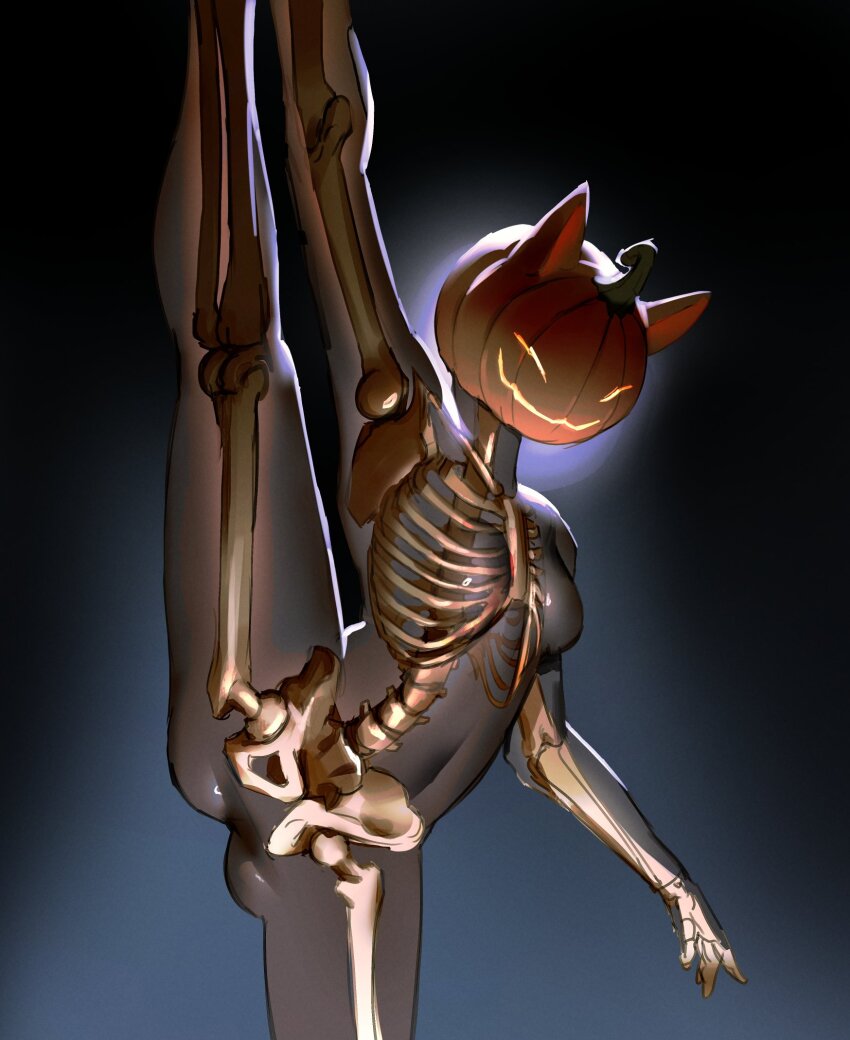 1girl animal_ears austinarts breasts cat_ears cowboy_shot fortnite grin highres jack-o&#039;-lantern_head pumpkin see-through_body skeleton small_breasts smile spice_(fortnite) split standing standing_on_one_leg standing_split