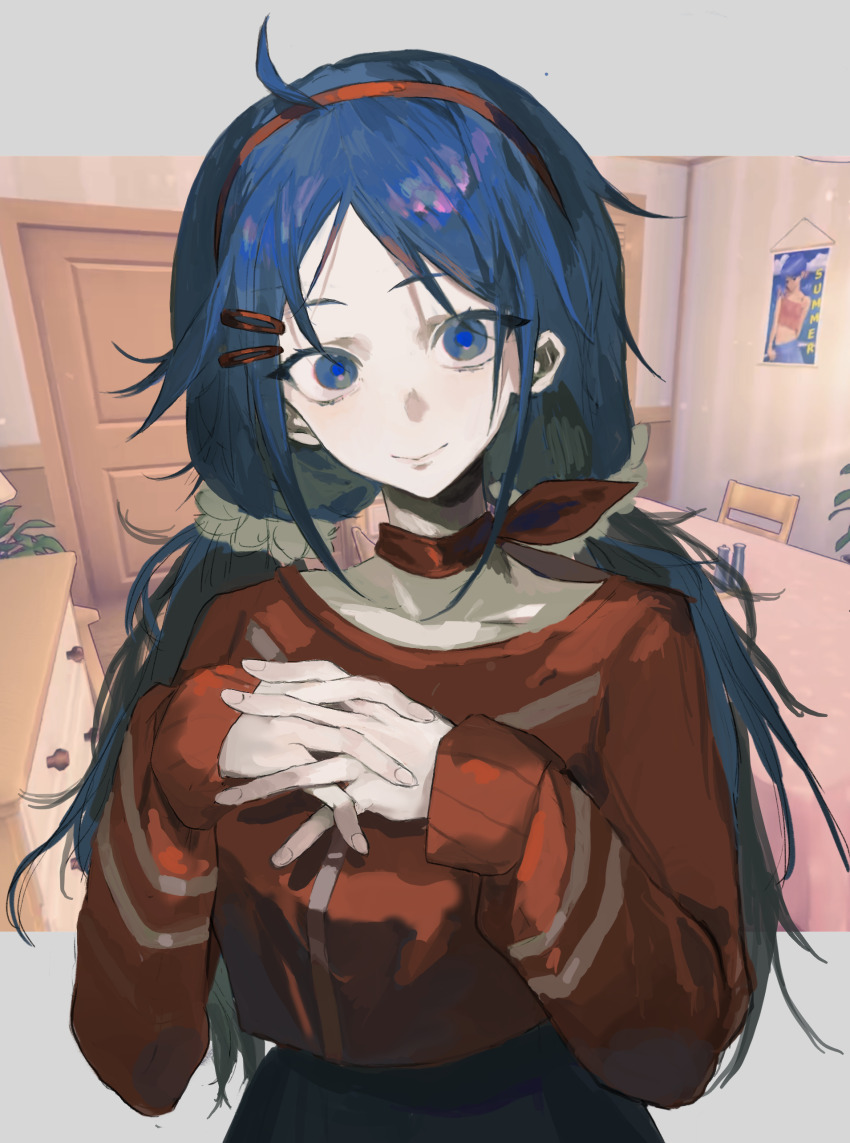 1girl absurdres ahoge blank_eyes blue_eyes blue_hair border bow bow_choker chair chest_of_drawers choker collarbone crazy_mita_(miside) cropped_shirt door game_screenshot_background grey_border hair_ornament hairband hairclip highres indoors interlocked_fingers kuma_(yoooooooo152) letterboxed long_hair long_sleeves looking_at_viewer low_twintails miside mita_(miside) outside_border own_hands_together parted_bangs poster_(object) red_hairband red_shirt salt_shaker screenshot_background shirt sleeves_past_wrists smile solo t-shirt table tablecloth twintails upper_body wallpaper_(object) wooden_floor
