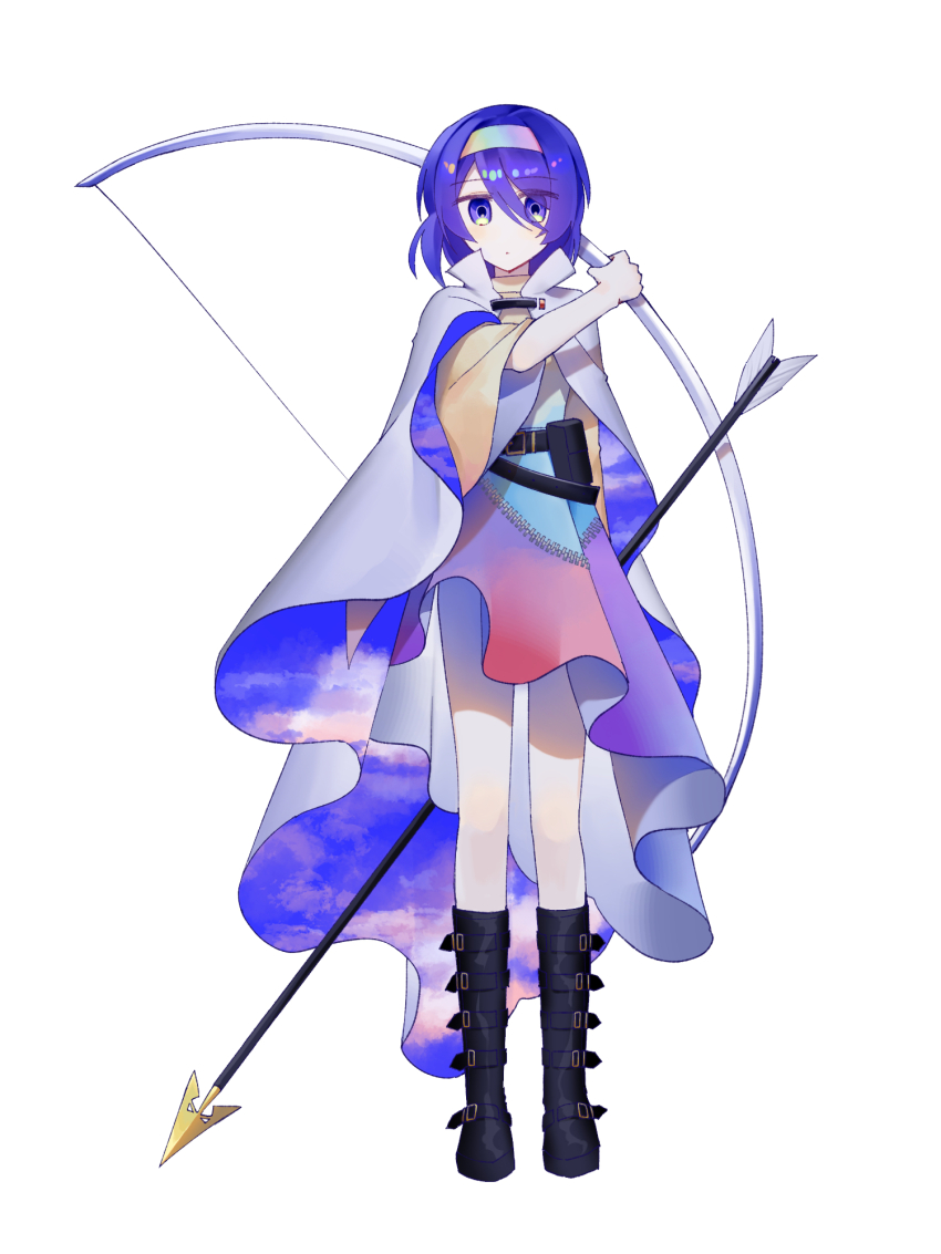 1girl arrow_(projectile) belt belt_bag belt_buckle black_bag black_belt black_boots boots bow_(weapon) buckle cape cloud_print collared_cape commentary crossed_belts dress expressionless full_body hair_between_eyes hairband high_belt high_collar highres holding holding_arrow light_blush long_sleeves looking_at_viewer multicolored_dress multicolored_hairband multiple_belts parted_lips patchwork_clothes purple_eyes purple_hair rainbow_gradient rainbow_hairband re1re133 shoe_belt short_hair simple_background sky_print solo standing straight-on tenkyuu_chimata touhou two-sided_cape two-sided_fabric unmoving_pattern weapon weapon_on_back white_background white_cape wide_sleeves zipper