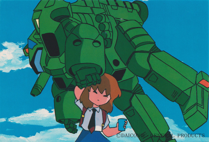 1980s_(style) 1girl armor artist_request backpack bag battle black_hair brown_hair carrying_overhead cloud cup daicon daicon_girl daicon_iii day dress general_products lifting_person mecha missile missile_pod mobile_infantry necktie official_art oldschool picking_up postcard power_armor promotional_art randoseru retro_artstyle robot scan school_bag science_fiction short_hair shoulder_cannon size_difference skirt sky starship_troopers traditional_media uchuu_no_senshi