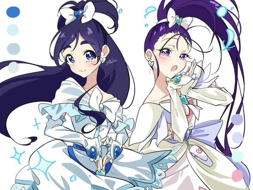 2girls arm_warmers arms_up blue_eyes blue_hair blush bow brooch closed_mouth collarbone color_connection commentary cowboy_shot cure_egret cure_white dress dress_bow earrings four-pointed_star frilled_dress frilled_skirt frills futari_wa_precure futari_wa_precure_splash_star hair_intakes hair_ornament half_updo heart heart_brooch heart_earrings heart_hair_ornament high_ponytail highres in-franchise_crossover jewelry light_blush long_hair looking_at_viewer magical_girl mishou_mai multiple_girls no_nose open_mouth own_hands_clasped own_hands_together ponytail pouch precure purple_eyes purple_hair ribbon side-by-side simple_background skirt smile star_(symbol) thick_eyebrows trait_connection wakuno_lemon wavy_hair white_arm_warmers white_background white_dress white_skirt wide_ponytail yukishiro_honoka