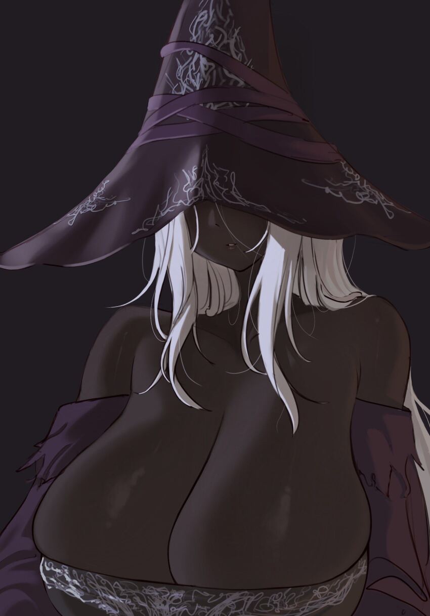 1girl b_project_18 bare_shoulders black_background black_dress breasts cleavage collarbone commentary dark-skinned_female dark_skin dress elden_ring elden_ring_nightreign english_commentary hat hat_over_eyes highres huge_breasts large_hat long_hair off-shoulder_dress off_shoulder parted_lips purple_hat purple_sleeves recluse_(elden_ring) sagging_breasts simple_background solo upper_body very_dark_skin very_long_hair white_hair witch witch_hat
