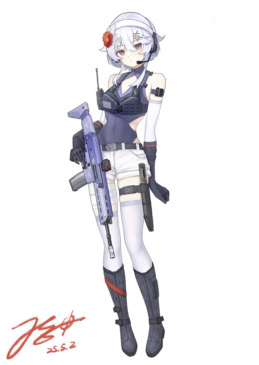 absurdres ammunition_pouch ankle_boots bare_shoulders belt black_gloves boots breasts clothing_cutout covered_navel elbow_gloves flower gloves grey_hair gun hair_flower hair_ornament highres jerry_wang knife long_hair looking_at_viewer microphone original pouch red_eyes shorts skin_tight skindentation small_breasts standing swimsuit tachi-e tactical_clothes thigh_gap thigh_pouch thigh_strap thighhighs walkie-talkie weapon white_background white_gloves white_thighhighs