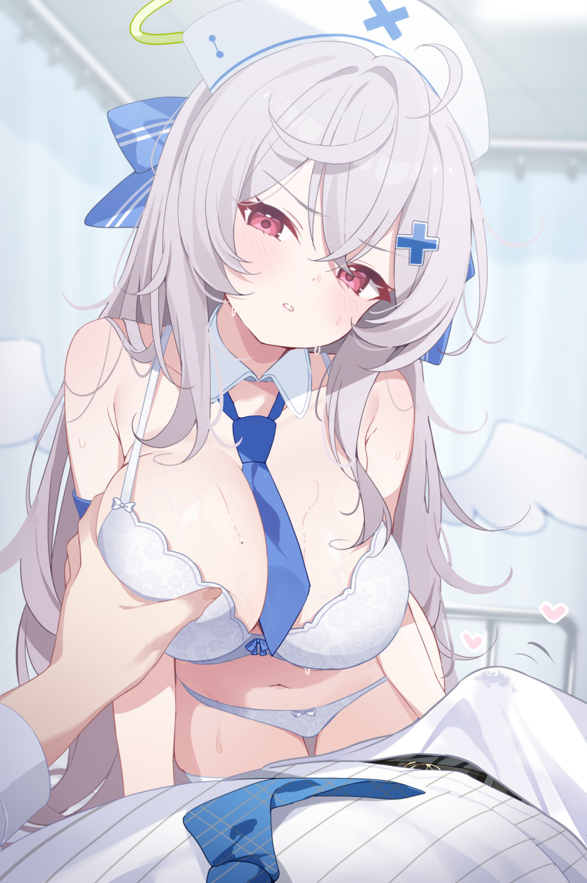 1boy 1girl angel_wings beatrixa_(stella_sora) blue_necktie bra breasts commentary deyui english_commentary erection grey_hair groping halo hat hetero highres indoors large_breasts long_hair looking_at_viewer necktie nurse_cap panties pink_eyes stella_sora sweat thighhighs underwear v-shaped_eyebrows white_bra white_panties white_thighhighs wings