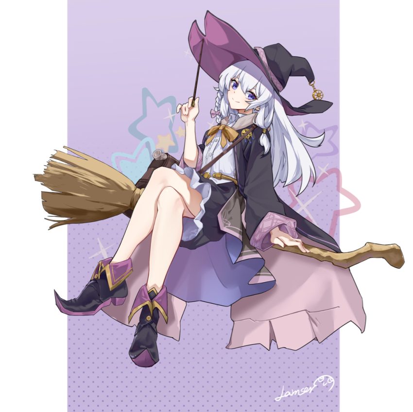 1girl black_boots black_cape black_skirt boots border braid broom broom_riding cape crossed_legs elaina_(majo_no_tabitabi) full_body hat holding holding_wand lamser long_hair looking_at_viewer majo_no_tabitabi outside_border purple_background purple_eyes side_braid signature skirt smile solo star_(symbol) wand white_border witch witch_hat