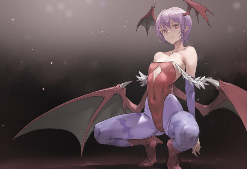 1girl akira_(coffee_curry) bare_shoulders black_background closed_mouth commentary_request covered_navel demon_girl demon_wings flat_chest gradient_background head_wings highres leotard lilith_(darkstalkers) looking_at_viewer pantyhose purple_hair purple_pantyhose red_eyes red_footwear red_leotard red_wings short_hair solo squatting darkstalkers wings