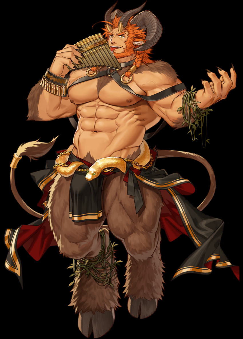1boy abs animal_ears another_eidos-r azmond_(another_eidos) bara beard biceps body_fur braid brown_fur bulge chest_harness clothes_around_waist curled_horns facial_hair fingernails flute fork full_body goat_boy goat_ears goat_horns goat_tail gomtang harness highres holding holding_instrument horns instrument large_bulge large_pectorals licking_object long_hair looking_at_viewer male_focus male_pubic_hair mature_male monster_boy muscular muscular_male mustache navel nipples non-web_source official_art open_hand orange_hair pectorals pelvic_curtain plant pubic_hair pubic_hair_peek saliva satyr seductive_smile sharp_fingernails single_braid smile snake solo stomach tail_raised thick_eyebrows thick_thighs thighs tongue tongue_out topless_male vines