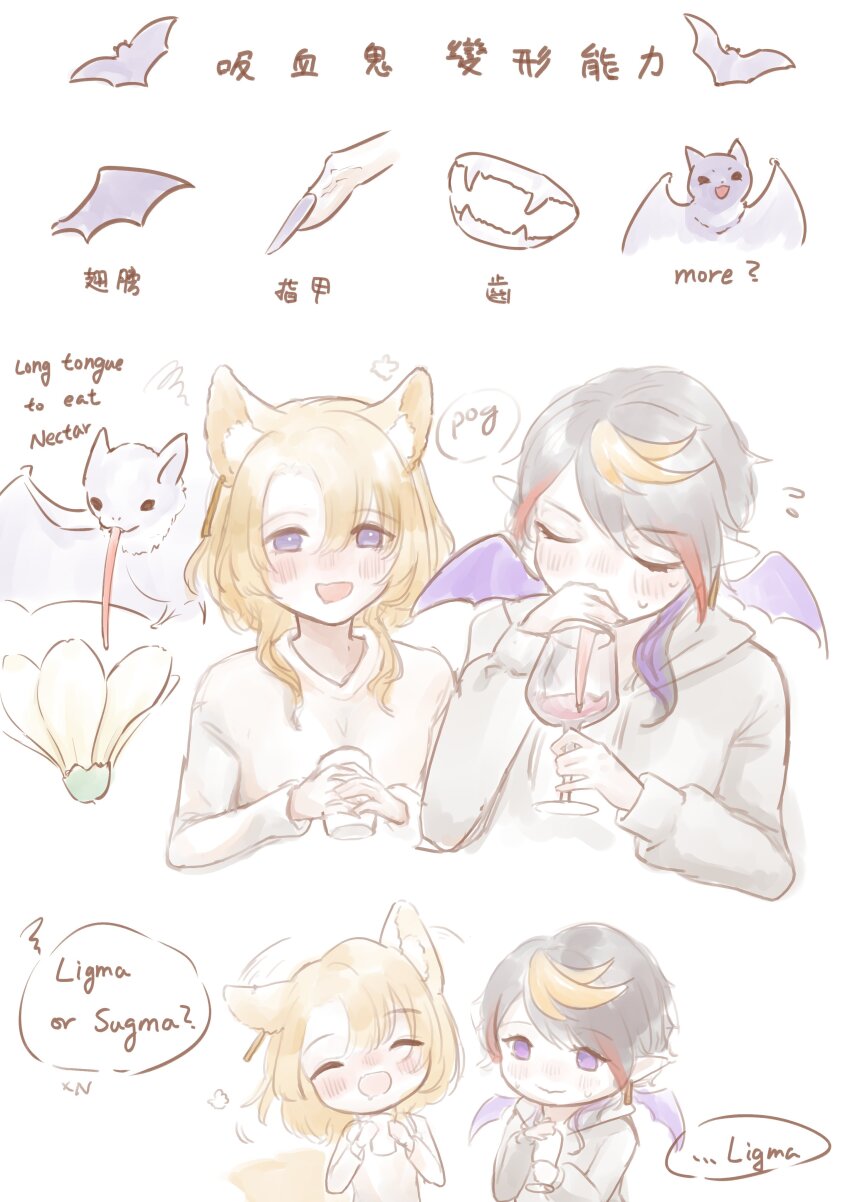 2girls absurdres artist_request bat_(animal) bat_wings highres long_tongue multiple_girls sweat sweatdrop tongue tongue_out translation_request wings