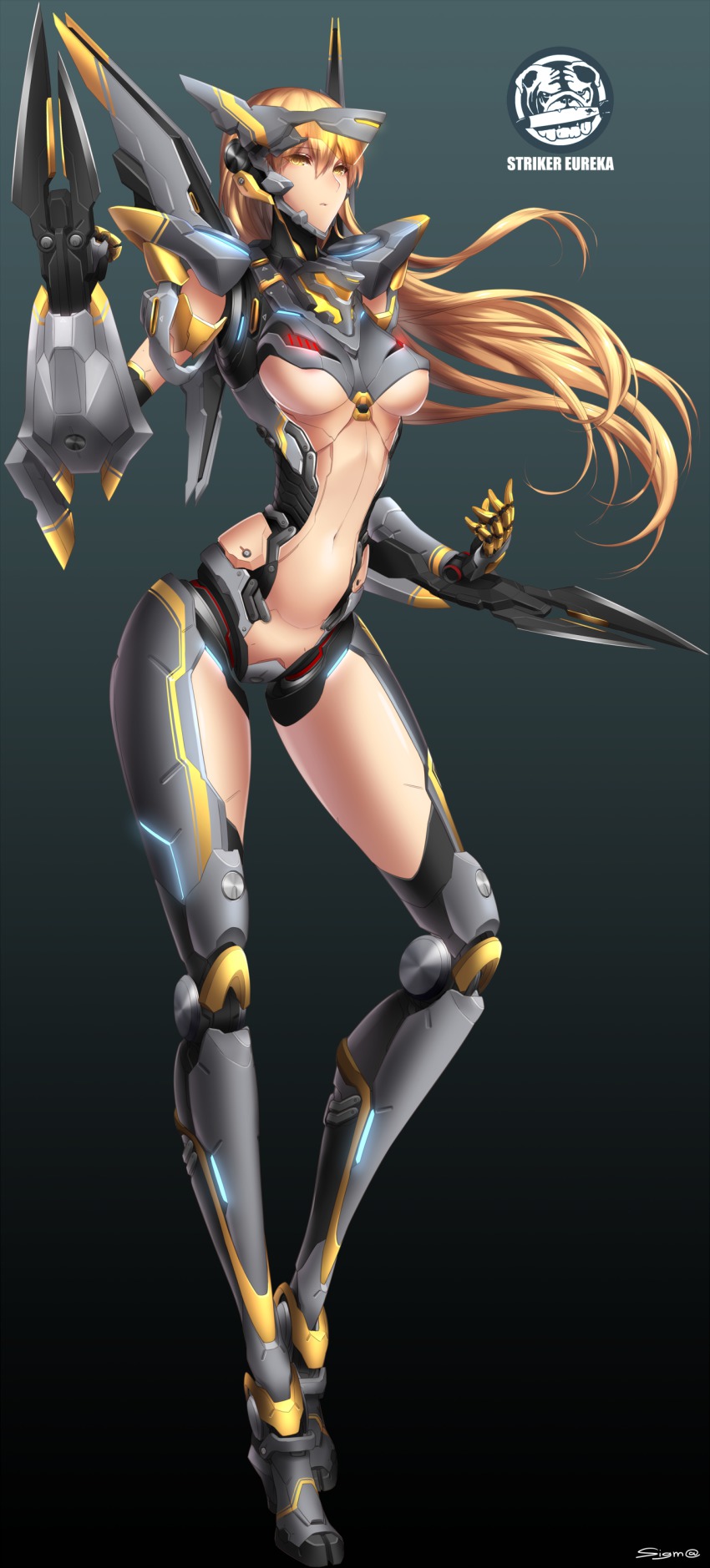 1girl 4.211_brass_knuckles absurdres areola_slip arm_blade armor assault_mount_3.25_sting-blades bad_id bad_pixiv_id bikini_armor blonde_hair body_armor bodysuit brass_knuckles breasts bulldog dog dual_wielding emblem full_body headgear highres holding jaeger_(pacific_rim) joints k-stunner_missile kangaroo legendary_pictures long_hair max_(pacific_rim) mecha_musume missile narrow_waist navel pacific_rim pan_pacific_defense_corps personification revealing_clothes robot_joints sigm@ striker_eureka tagme underboob visor weapon wrist_blades yellow_eyes