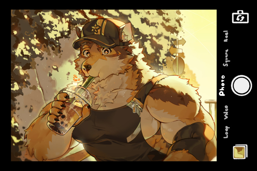 bara barrel_(live_a_hero) baseball_cap bubble_tea elbow_gloves fence gloves hat highres kiekoio live_a_hero looking_at_viewer plant road_sign sign sparkle tank_top viewfinder yellow_eyes