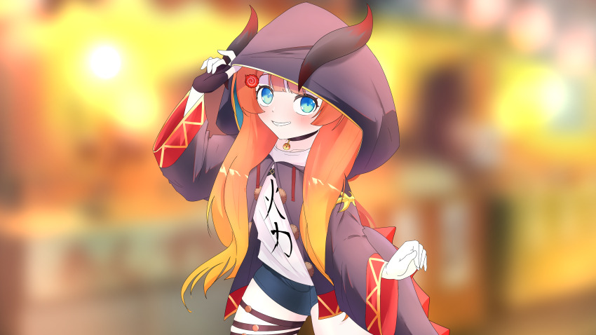 1girl absurdres blonde_hair blue_eyes blurry blurry_background breasts commission fingerless_gloves flat_chest gloves hair_ornament highres hood hoodie japanese_text jewelry knee_up knees_up miki_hitsugi multicolored_hair orange_hair pants pendant shorts small_breasts smile smirk solo specialite_(company) specialite_en tail teeth virtual_youtuber