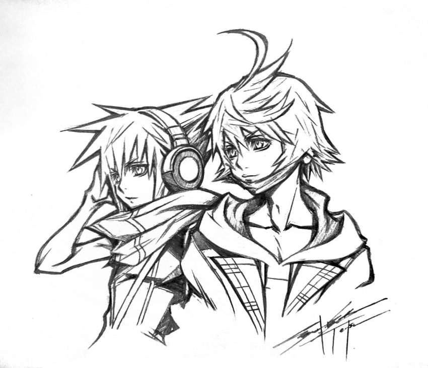 2boys greyscale headphones hood hoodie kanade_rindou mask monochrome mouth_mask multiple_boys nomura_tetsuya official_art sakuraba_neku shin_subarashiki_kono_sekai short_hair simple_background sketch spiked_hair subarashiki_kono_sekai upper_body